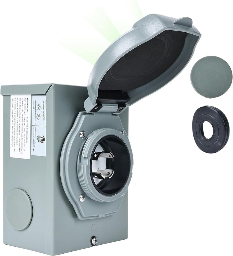 Maxworks 51070 30 Amp Generator Power Inlet Box NEMA L14-30P 4 Prong 125/250V 7500 Watt ETL Certified Pre-Drilled Holes Green Indicator Light Weatherproof Outdoor Use Heavy Duty - Image 1